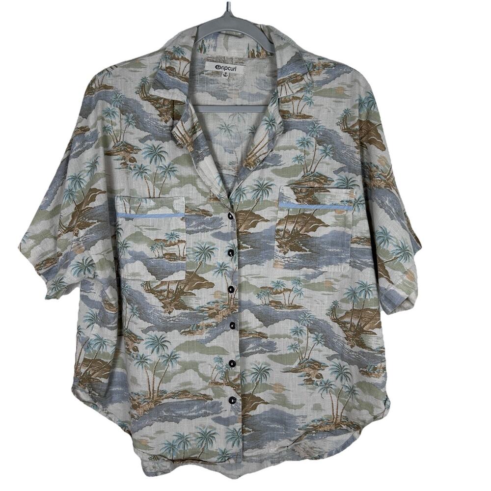 RIP CURL Womens Sz S Khaki Tropical Island Shirt Top Button Up Linen Blend